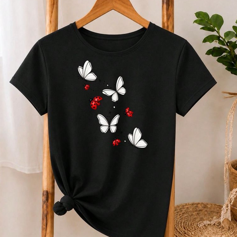 Camiseta Feminina 100% Algodão Estampa Borboletas e Joaninhas | Baby Look Manga Curta Casual