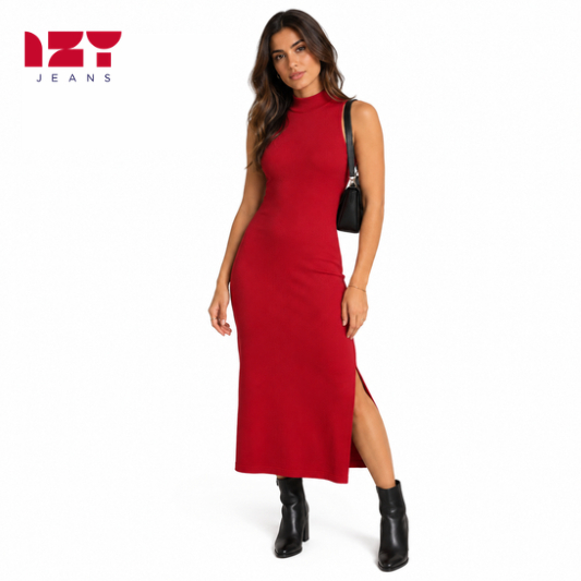 Vestido Midi Feminino Canelado com Elastano Justo Gola Alta Sem Manga