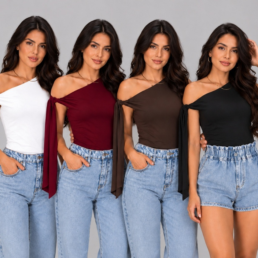 Kit Blusa Cropped Feminina Um Ombro Só Assimétrica com Laço Elegante Casual Festa com Amarração no Ombro Moderna