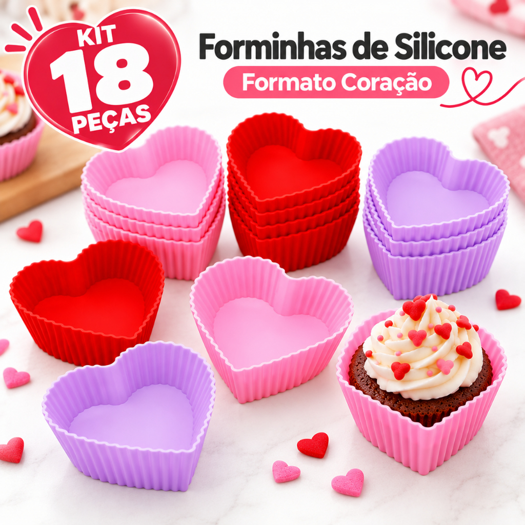 Kit 18 Forminha Silicone Coração Cupcake Muffin Mini Bolo Pudim Doces Sobremesa Confeitaria Reutilizável