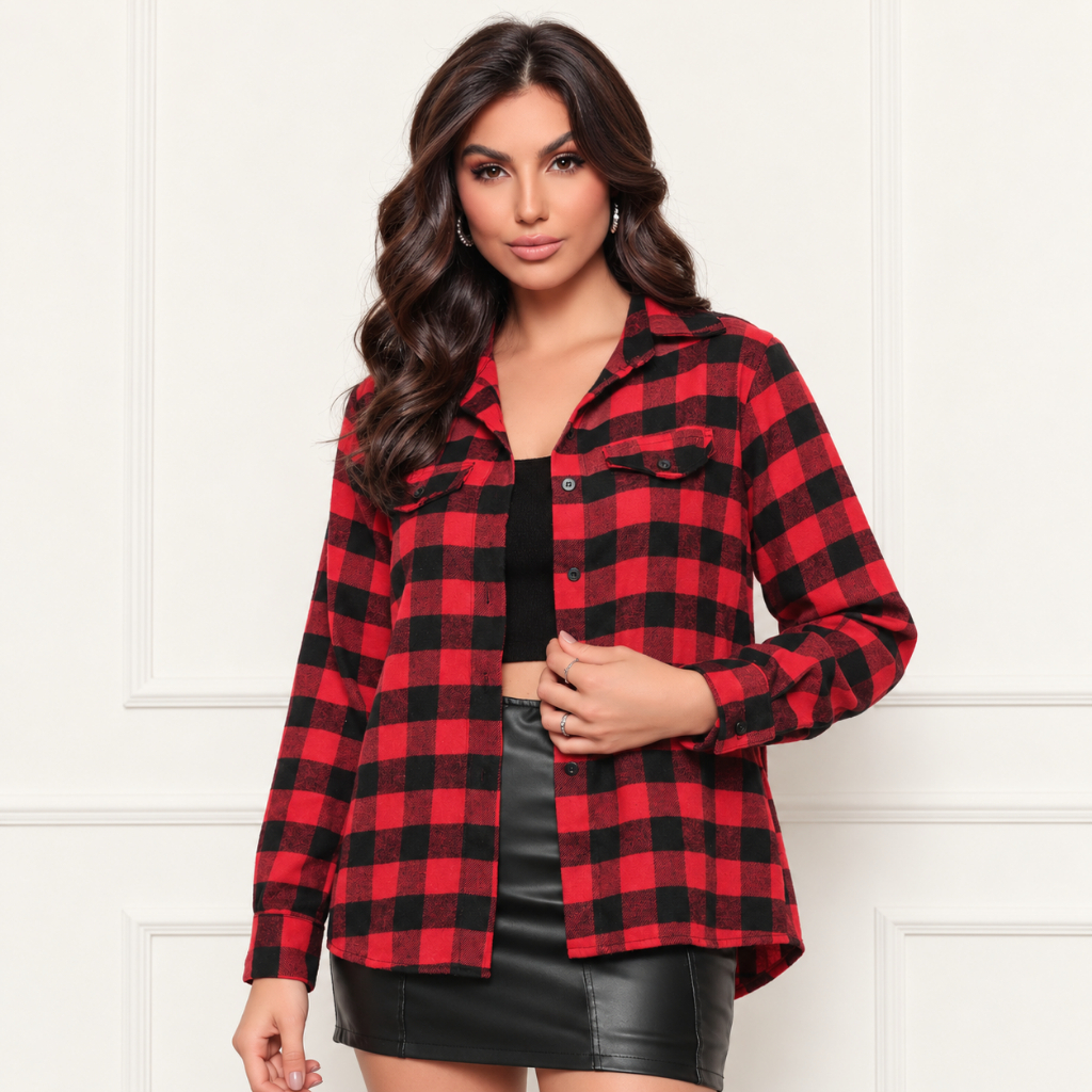 Camisa Flanelada Xadrez Feminina Sem Capuz Manga Longa Inverno Casual