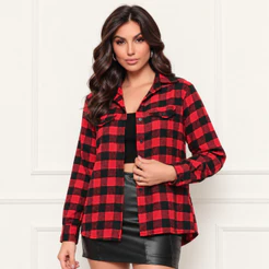 Camisa Flanelada Xadrez Feminina Sem Capuz Manga Longa Inverno Casual