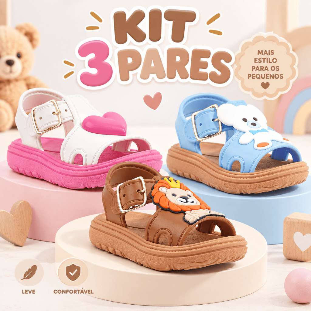 Kit 3 Pares Sandália Infantil Menino e Menina EVA Personagem Fivela Leve Confortável Antiderrapante