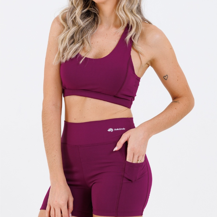 Conjunto Fitness Feminino Top e Shorts Com Bolso Cintura Alta Poliamida Academia Corrida Premium