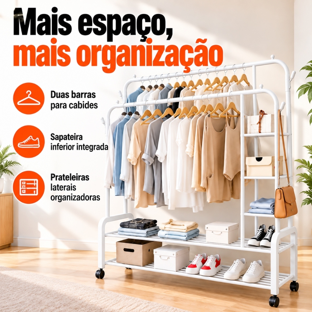Arara de Roupas Dupla Cabideiro Grande Com Prateleiras Laterais e Sapateira Closet Aberto Cor Branco