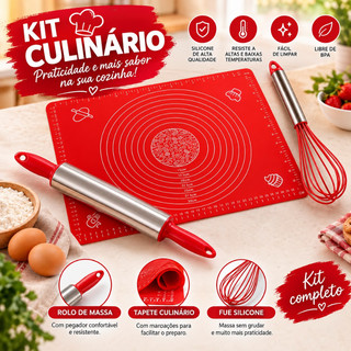 KIT Culinario 3 Peças Tapete Culinario Rolo de Massa Batedor Fuê Fuet Fouet Cozinha Silicone Profissional Confeitaria
