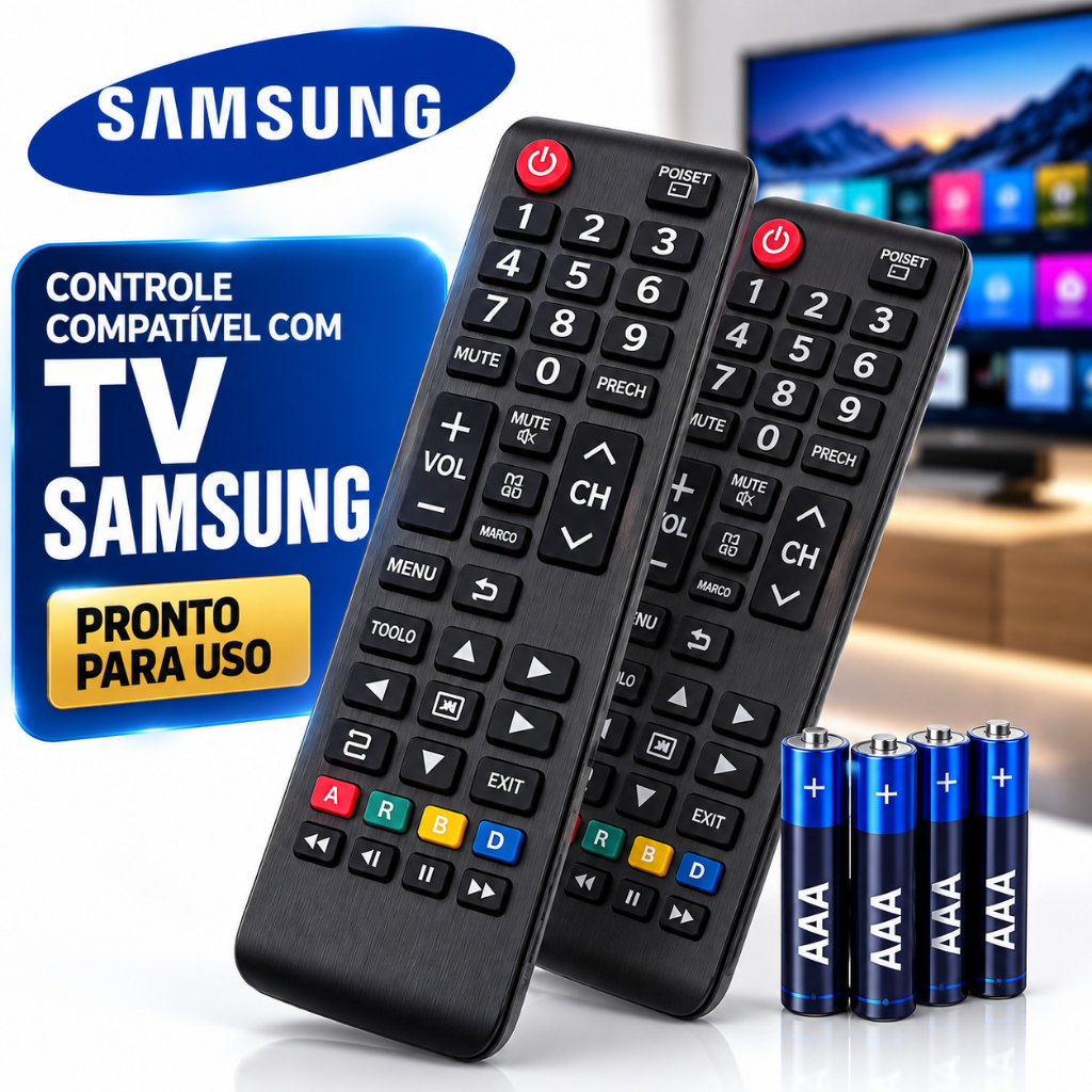 Controle Remoto Para Tv Samsung Smart 4k Lcd Hd Oled Com 4 Pilhas Tecla Smart Hub Futebol Universal Compatível