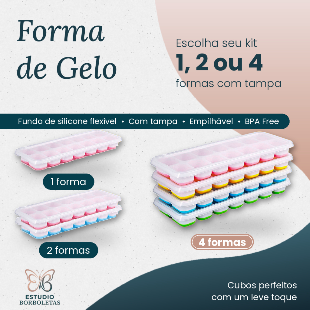 Kit Forminha de Gelo Silicone com Tampa Desenforma Fácil 1, 2 ou 4 Unidades Bandeja Cubos Freezer Frutas Papinha