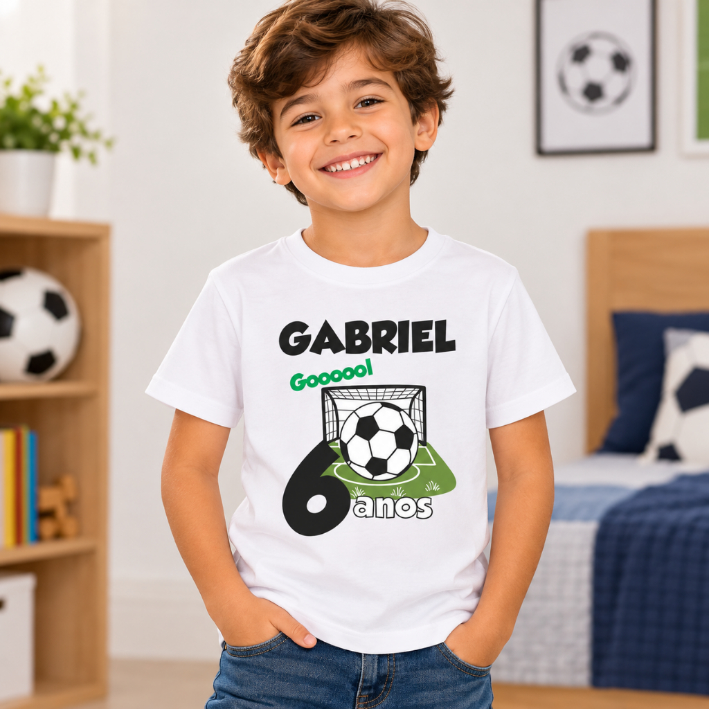 Camiseta futebol Bola na Rede aniversário - Informar Nome e Idade
