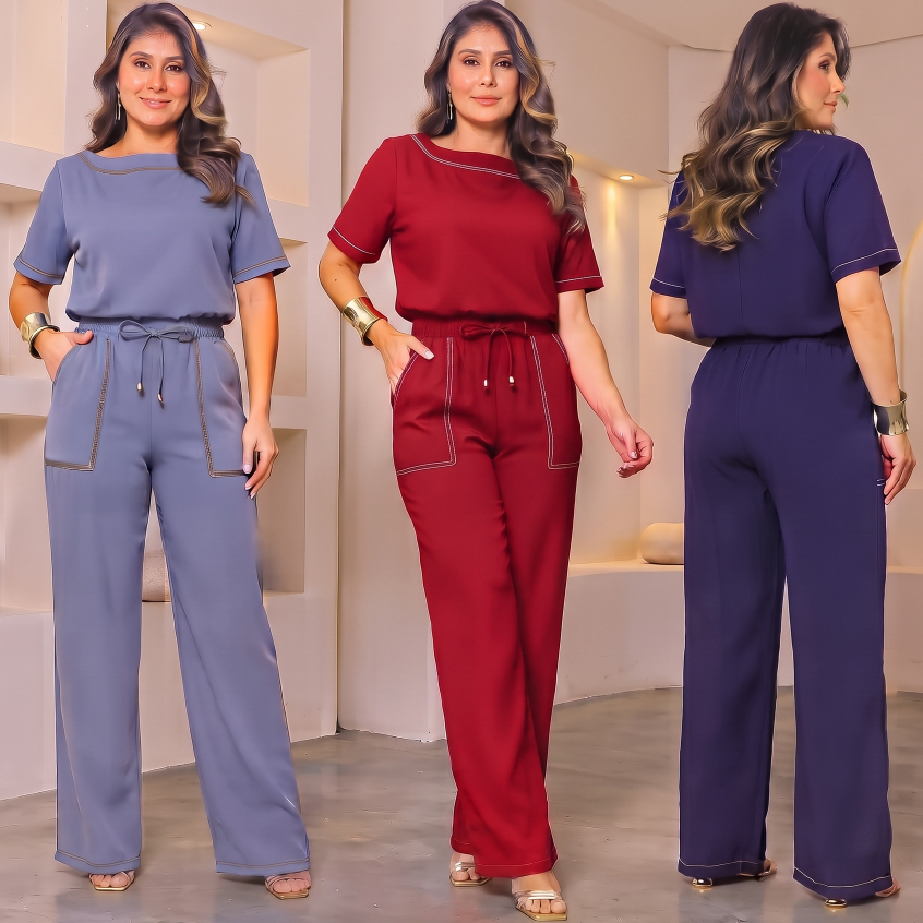 Conjunto de Tecido Sensorial Marrat ;Sofisticação e Conforto Absoluto com Pesponto Nas Barras Na Calça Atras e lastex