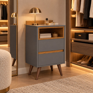 Mesa de Cabeceira 2 Gavetas com Nicho Superior, Corrediças Telescópicas, Pés Retrô e Design Moderno para Quarto - Cores