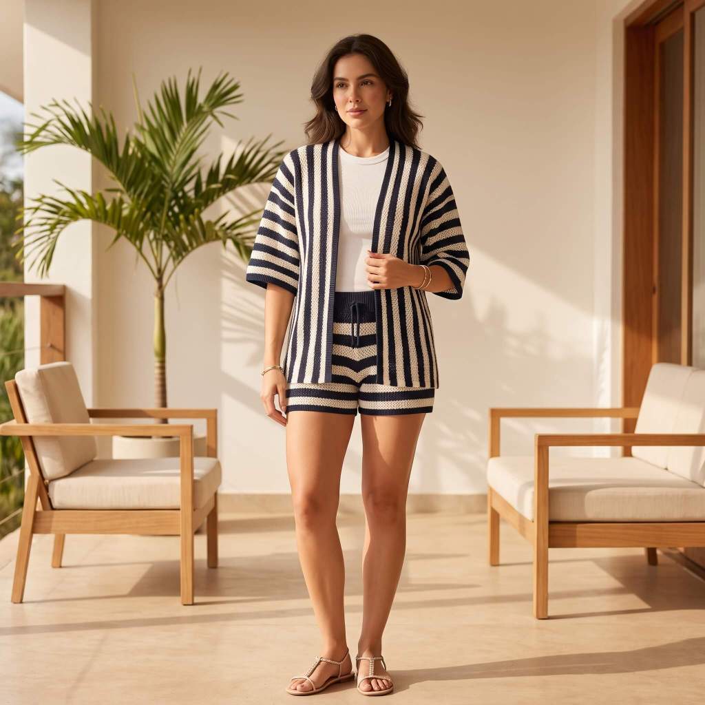 Conjunto Feminino Tricot Verão Kimono Cardigan E Short Cós Alto Listrado Moda Praia Tendencia Casual Chic Lançamento