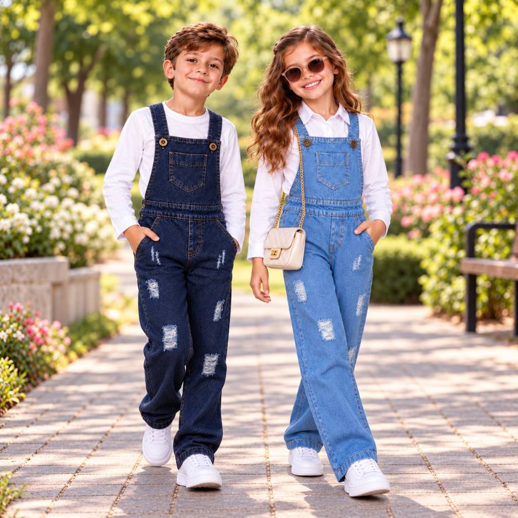 Macacão Jardineira Jeans Menino e Menina Calça Infantil Longa 2 a 10 - Bolso Rasgadinho