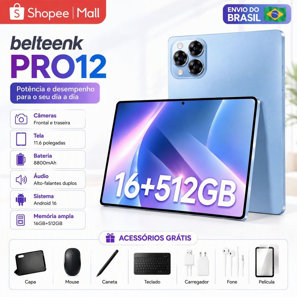 Tablet belteenk Pro12 | 16GB RAM 512GB | Android 16 | Tela 11.6" HD |8800mAh | 5G | Com Teclado e Mouse Grátis