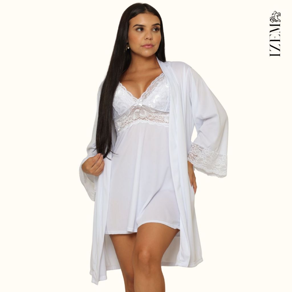 Camisola Feminina com Renda e Robe Curto Kit Sensual de Luxo