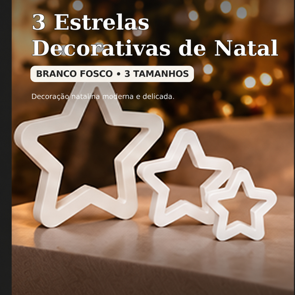 Estrelas Decorativas de Natal Kit 3 Peças Enfeite de Mesa Decoração Natalina Branca Fosca Aparador Estante Sala Presente