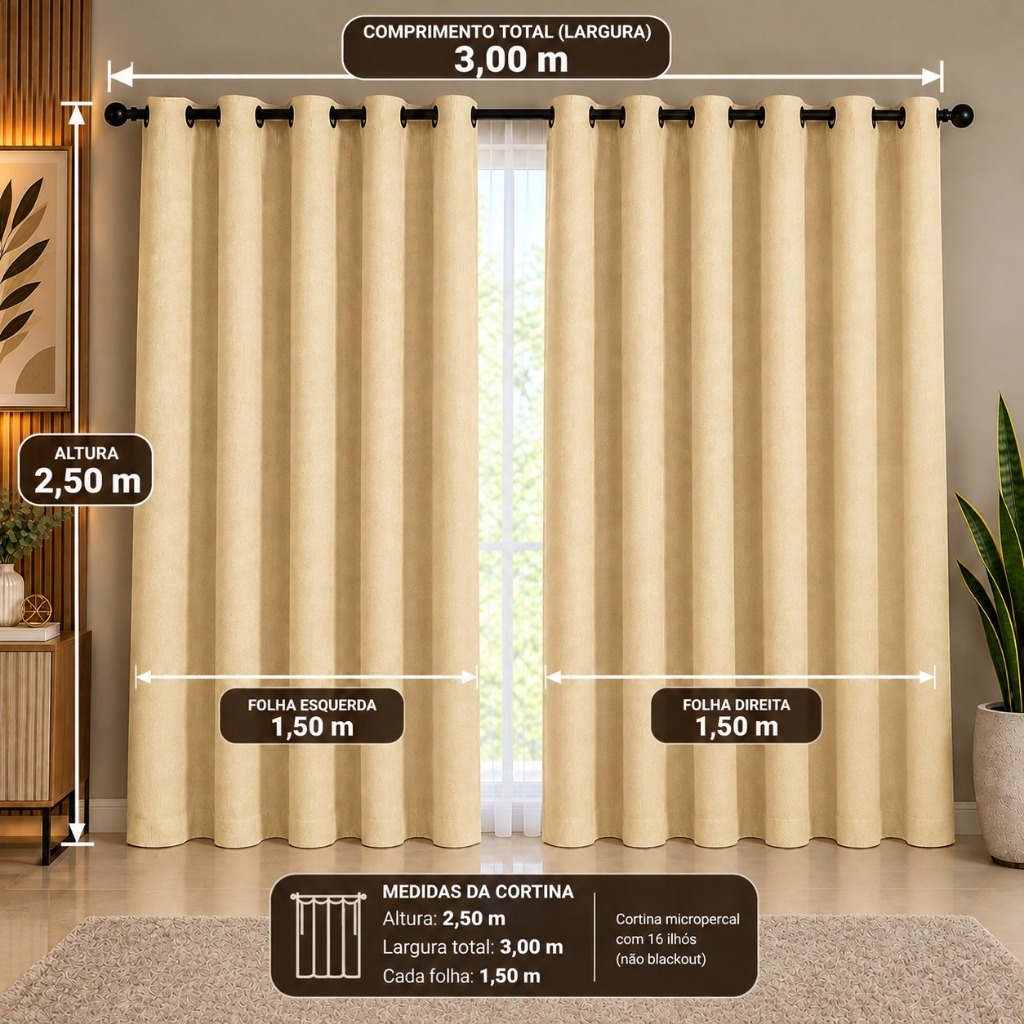 Cortina PREMIUM semi-blackout com bainha decoração Sala, Quarto, escritório 3,00 X 2,50 Metros oferta relâmpago