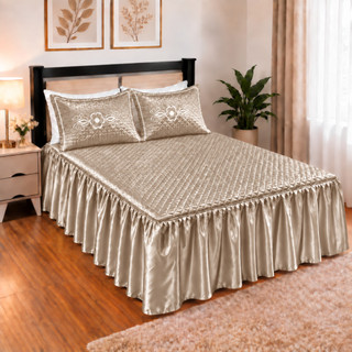 Kit Colcha Seda Cetim Matelado Cobre Leito Casal e Solteiro com Fronhas Bordadas Babado Franzido