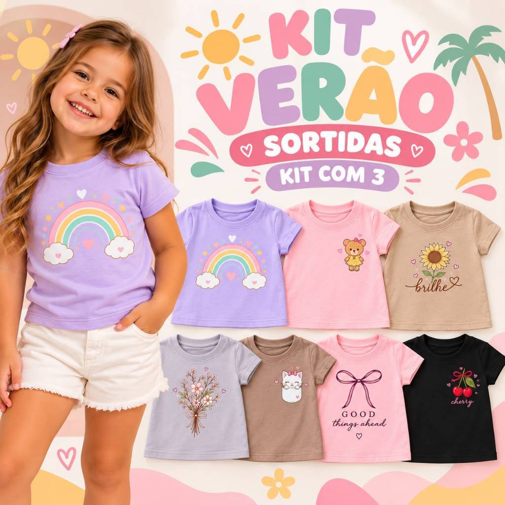 Kit 3 peças Roupa Infantil Menina Verão 100% Algodão 3 blusas sortidas