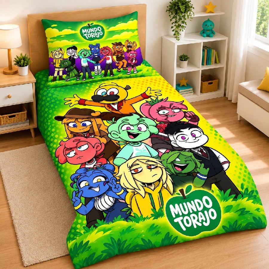 Jogo de Lençol Cama Solteiro + Fronha Quarto Infantil Mundo Torajo