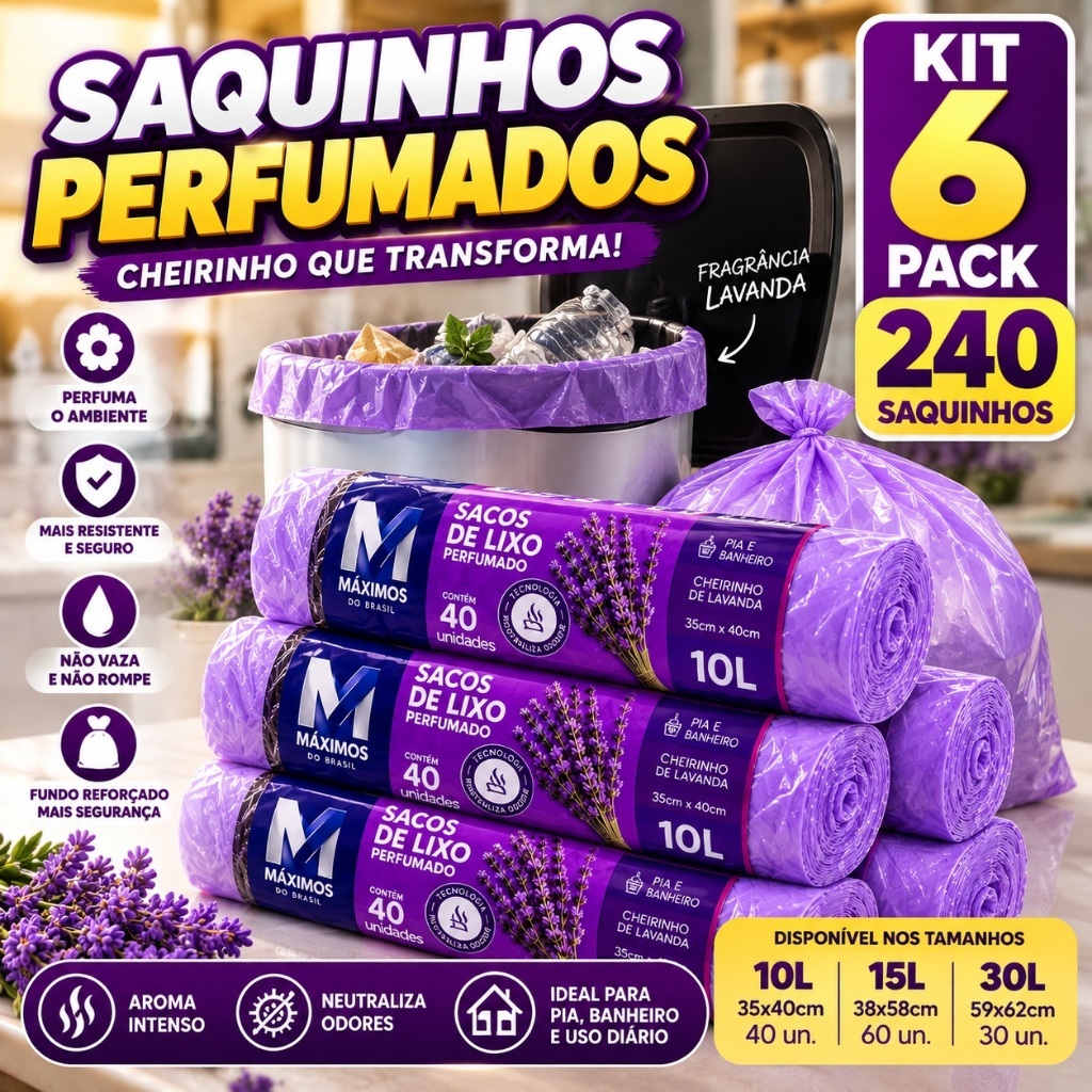 Kit 6 Sacos de Lixo Perfumados 10L Lavanda 160 Sacos Pia e Banheiro 34x38cm Neutraliza Odores