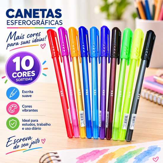 Kit 10 Canetas Esferográficas Colorida Ponta 1.0mm Super Macia Kaz