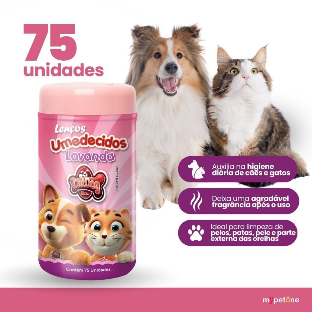 Lenço Umedecido Lavanda Para Cães e Gatos 75 Unidades CatDog