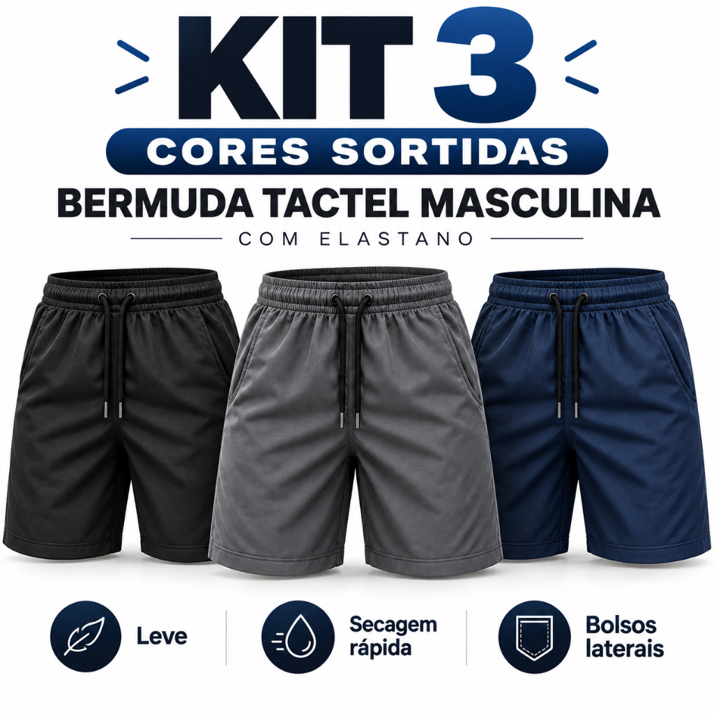 Kit 3 Shorts Masculino Academia Tactel com Elastano Secagem Rápida Esportivo