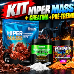 KIT HIPER MASS GR0WTH 1KG CH0C0LATE + CREATINA 100G + PRÉ-TREIN0 PSIK0PATA BETA 100G TANGERINA