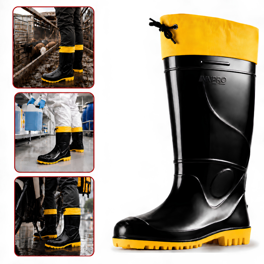 Bota PVC Profissional Preta e Amarela com Amarração Impermeável Antiderrapante para Trabalho