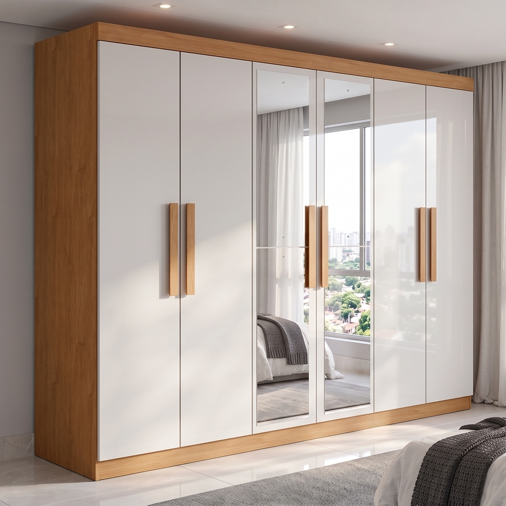 Guarda-Roupa Casal 6 Portas Easy Slim com Espelho Amendoa/Off White