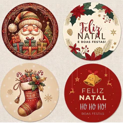 Kit Adesivos Natal 4x4cm Etiquetas Redondas Feliz Natal e Boas Festas Pronta Entrega