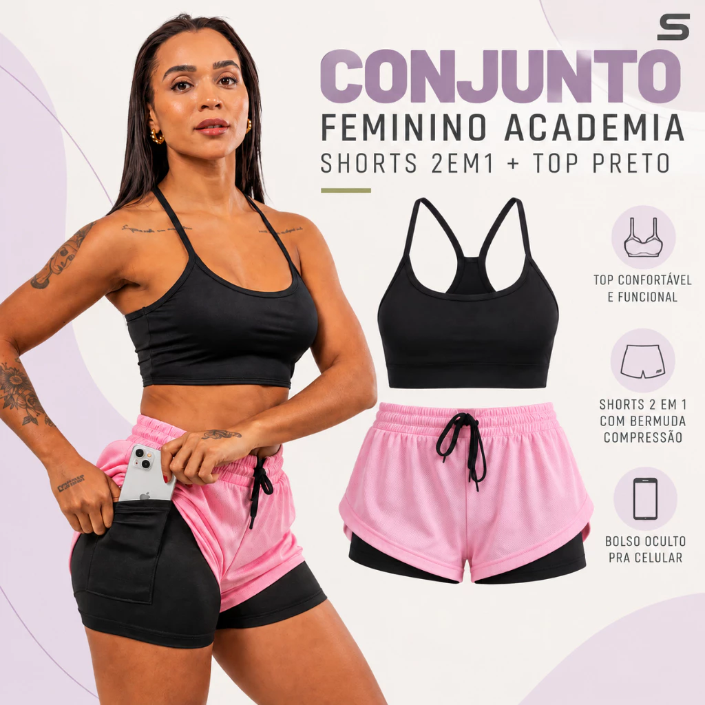 Conjunto Feminino Academia Shorts 2em1+TOP PRETO Fitness Para Corridas Treinos — imagem 1