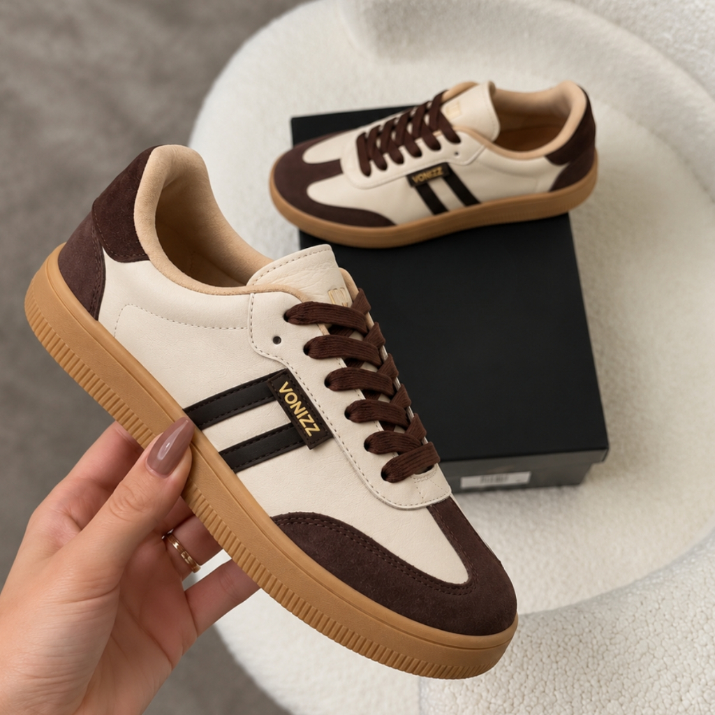 Tênis Feminino Casual Retrô Listra Estiloso Modinha Tendência Bonito Couro café Macio Sapato Baixo Clássico