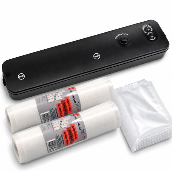 Kit Máquina Seladora a Vácuo Elétrica para Alimentos com 10 Sacos + 2 Bobinas Gofradas 20cm 110/220V