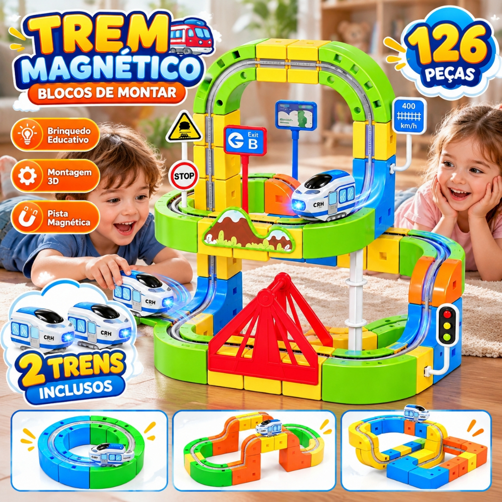 Trem Elétrico Pista Magnética 126 Peças com 2 Trens Blocos de Montar 3D DIY Brinquedo Educativo Infantil