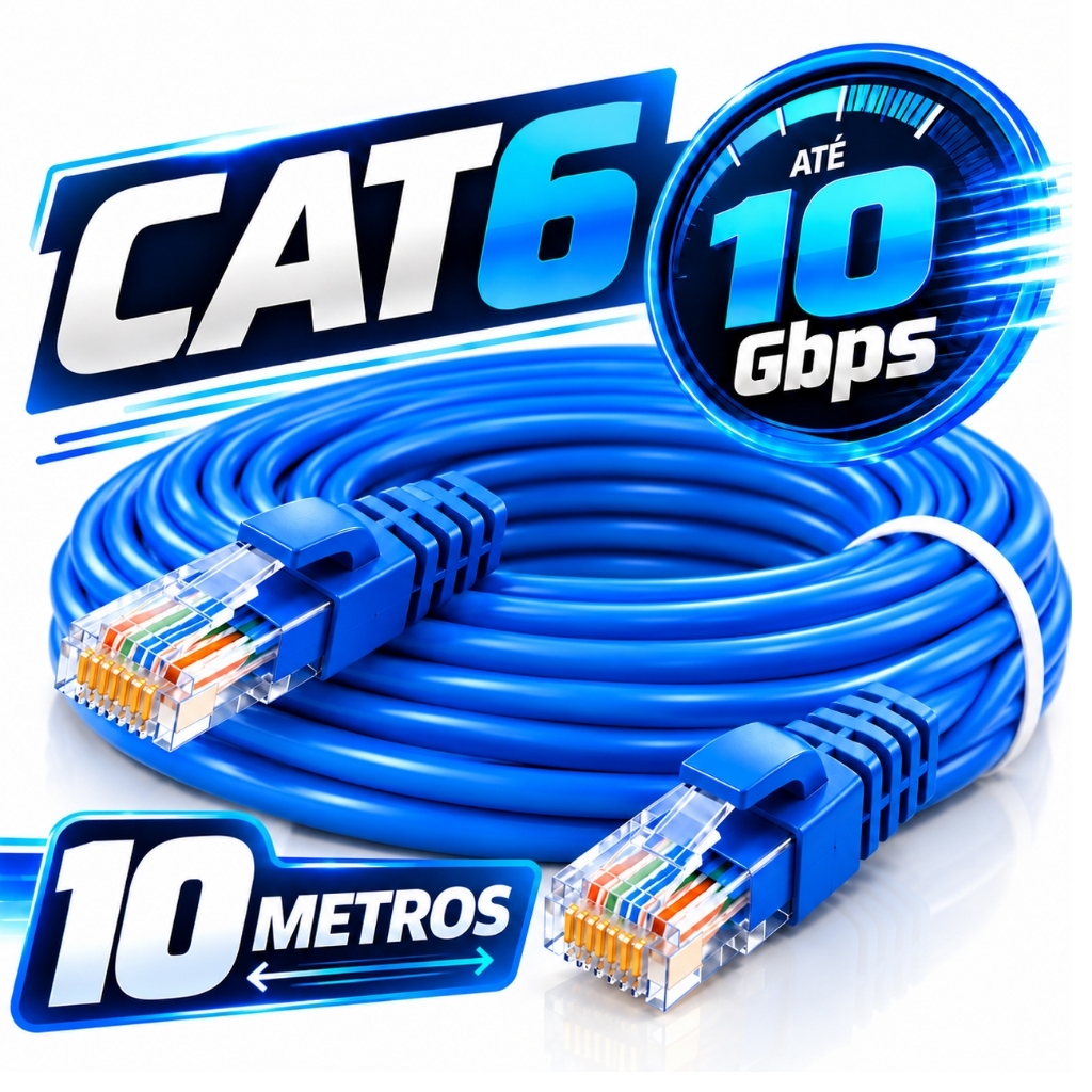 Cabo de Rede RJ45 Cat6 10 Metros Alta Velocidade 10Gbps PC Notebook Video Game TV PS5 PS4 XBox