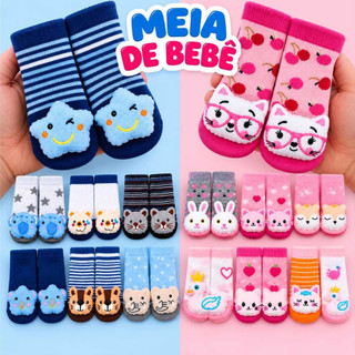 kit Pares Meia Infantil 3D Chocalho Antiderrapante Bebê Menina e Menino Bichinho