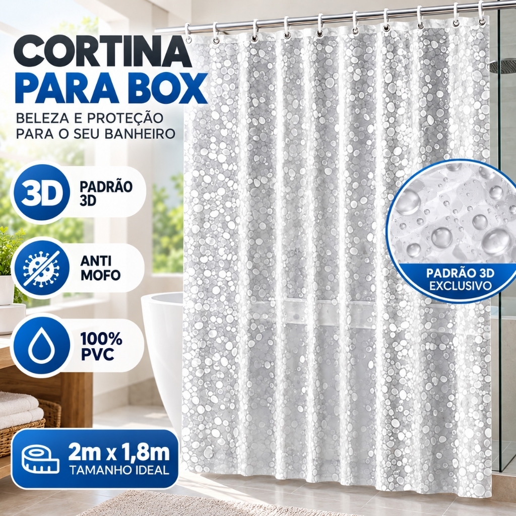 Cortina Para Box de Banheiro 3D com Ímã Anti Mofo 100% PVC com Ilhós 2m x 1,8m Resistente