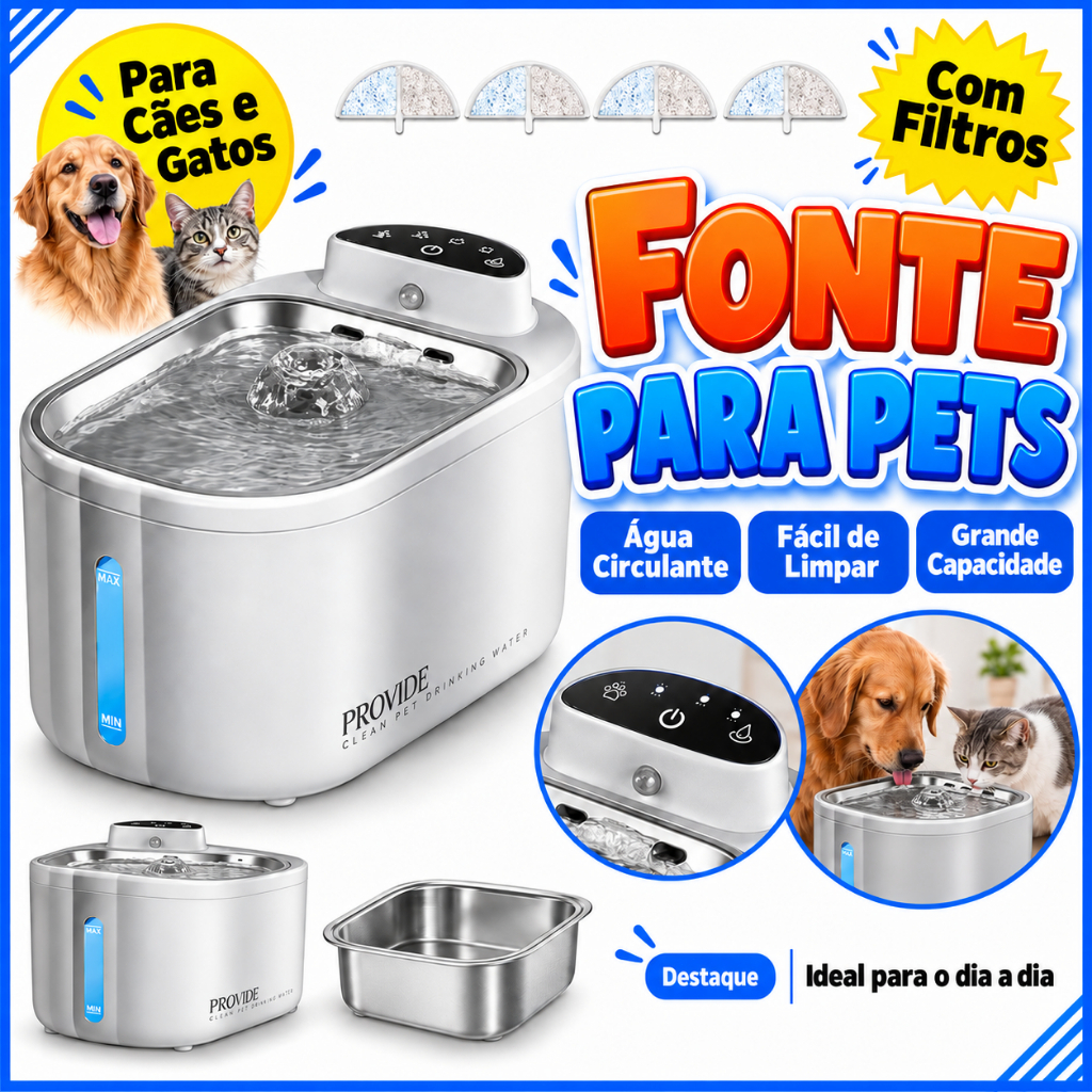 Bebedouro Automático Pet para Gatos e Cães, Fonte com Bandeja Inox, Recarregável por USB