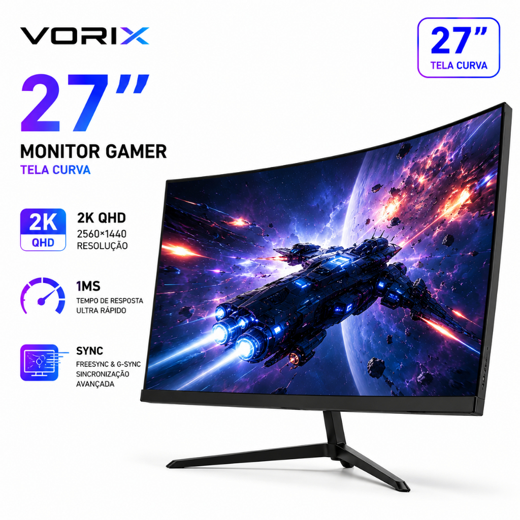 Monitor Gamer Curvo 27 Polegadas Alto-falante embutido180Hz 1ms Painel IPS com F