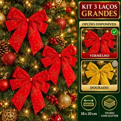 Kit 3 Laços Árvore De Natal Glitter Grandes Enfeite Decoração Luxo Prata/Vermelho/Dourado LuvinCo