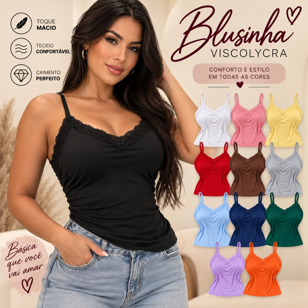 Kit 2,3,5 Blusinha Feminina de Renda com Bojo e Alcinha Regulável Moda Feminina