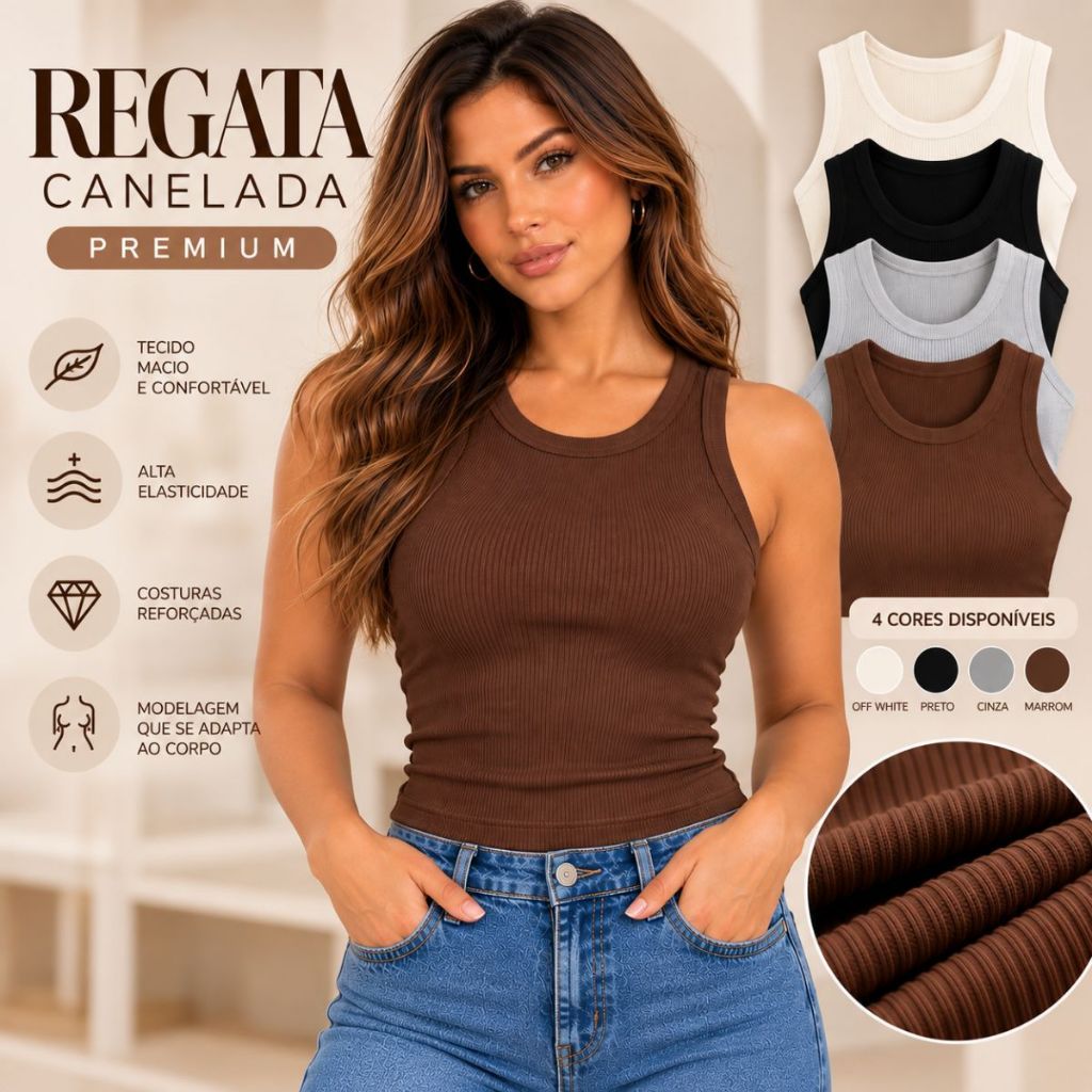Regata Feminina Canelada Ribana Premium Básica Lisa Gola Redonda Alta Elasticidade Confortável