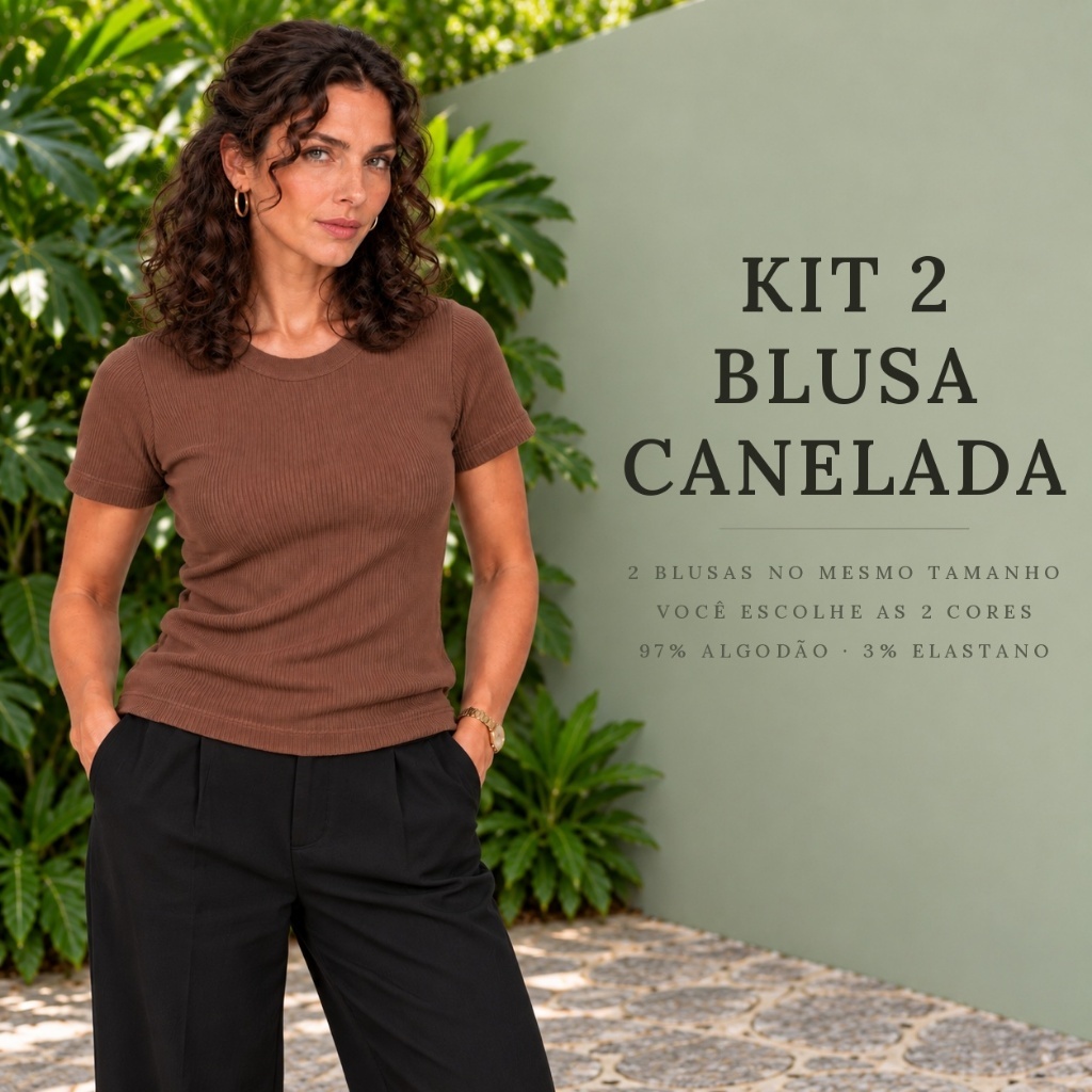 Kit 2 Blusas Caneladas Femininas Manga Curta Gola Redonda Justa Blusinha Canelada Algodão com Elastano