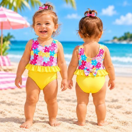 Roupa de Praia Banho Maiô Bebê Menina Proteção Solar UV50+ Verão Calor Confortável Seca Rápido Amarelo