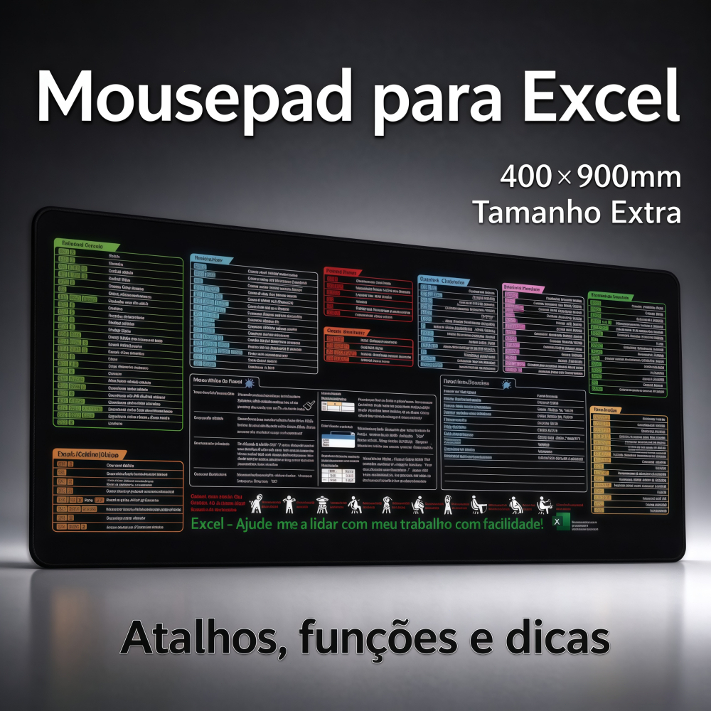 Tapete de Mesa Grande 400x900mm com Atalhos do Excel, Mousepad Oversized