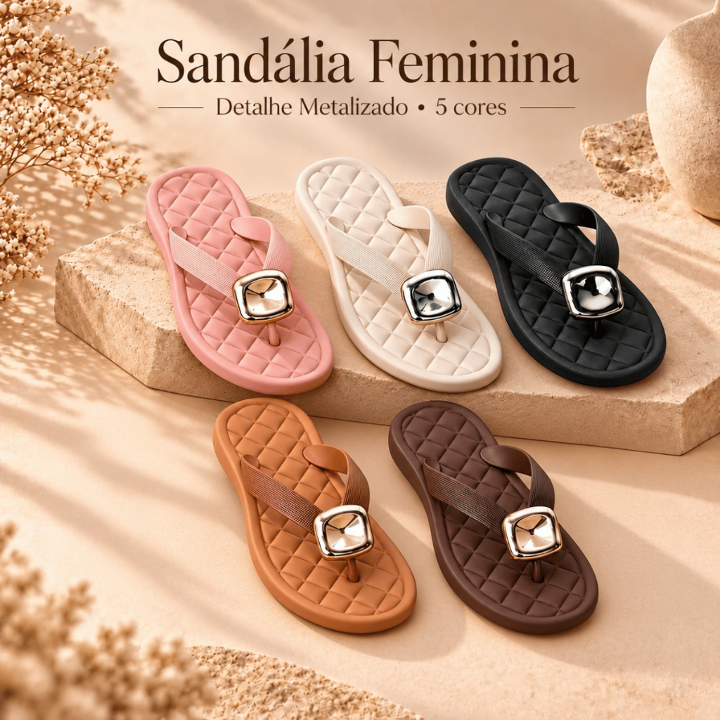 Sandália Feminina Rasteira Moderno Detalhe Metalizado Confortável Leve Macio