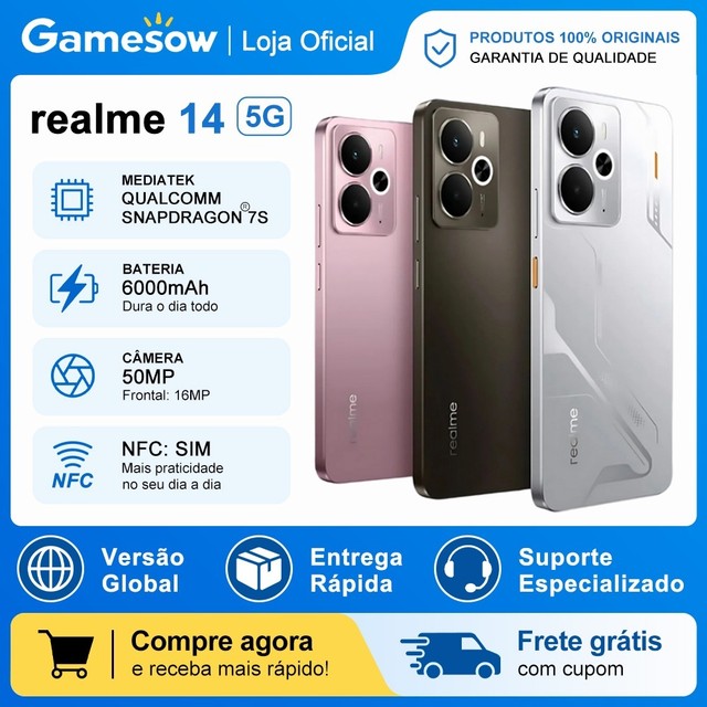 realme 14 5G 256GB/512GB Armazenamento + 8GB/12GB RAM, Snapdragon 6 Gen 4, Bateria 6000mAh, Versão Global.
