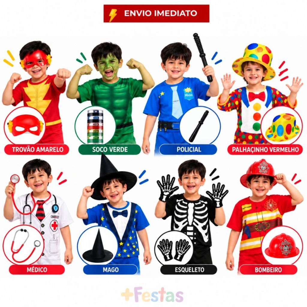 Fantasia Infantil Masculina + Acessório Dia das Crianças Herói Policial Médico Mago Palhaço Esqueleto